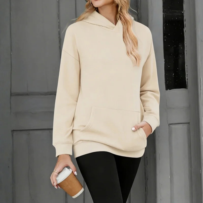 Polerón Mujer Capucha Manga Caída Color Sólido Bolsillos