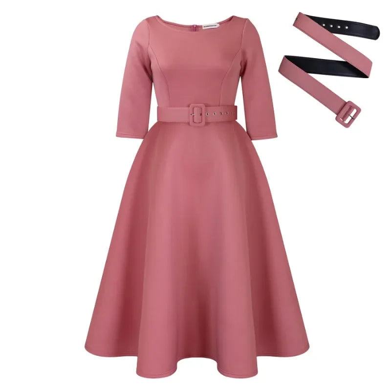 Party Dress - A-Line Belt Three Quarter Sleeve