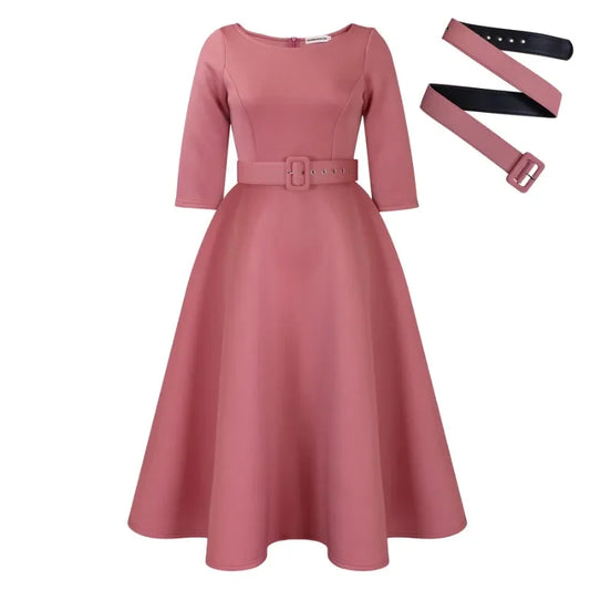 Party Dress - A-Line Belt Three Quarter Sleeve