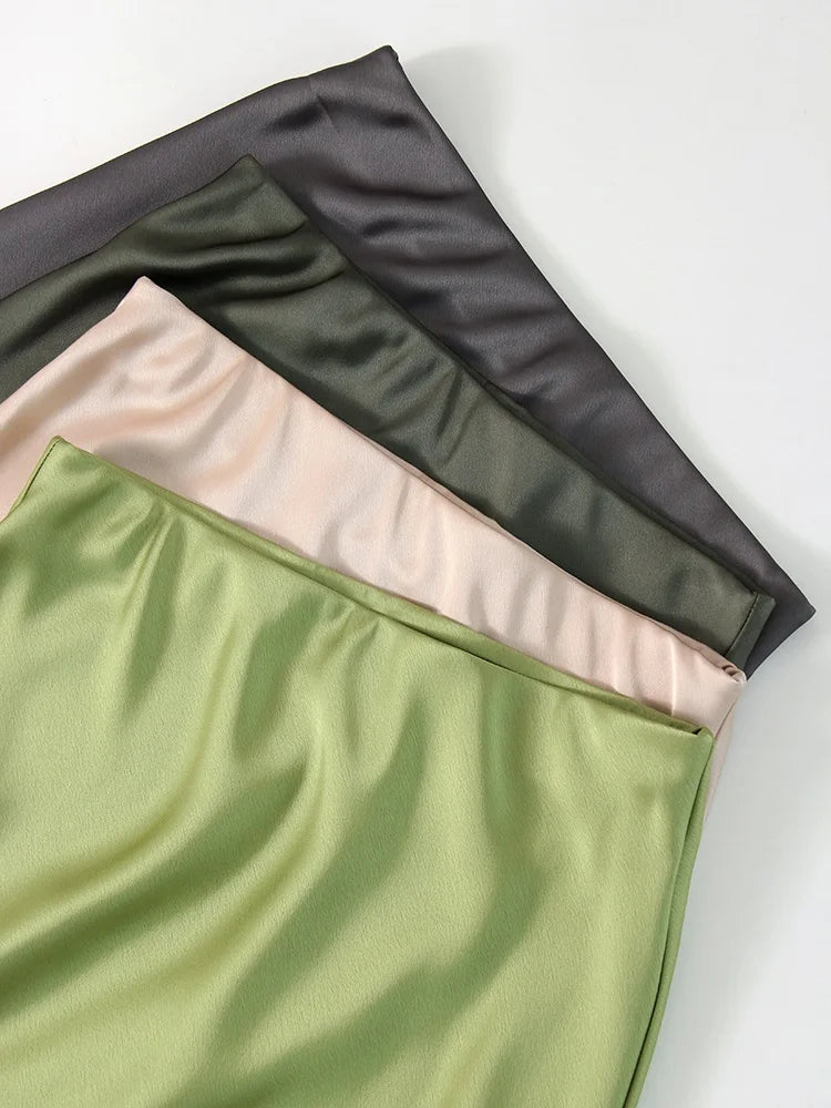 Satin Maxi Skirt - High Waist Side Slit Black