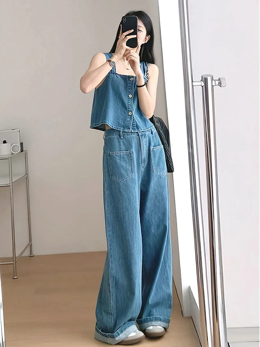 Denim Two Piece Set - Sleeveless Top & Wide Leg Pants
