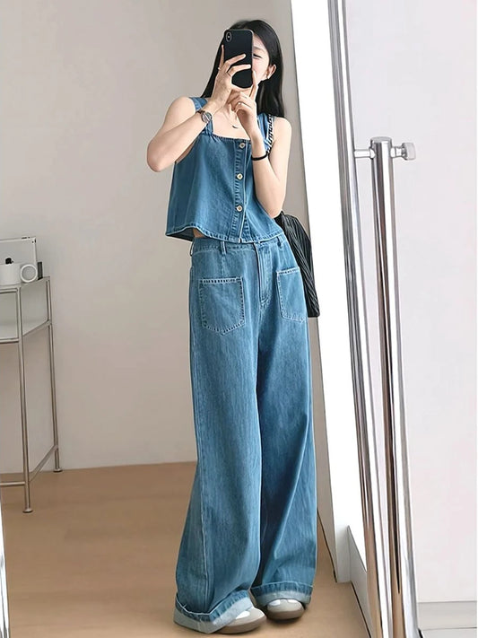Denim Two Piece Set - Sleeveless Top & Wide Leg Pants