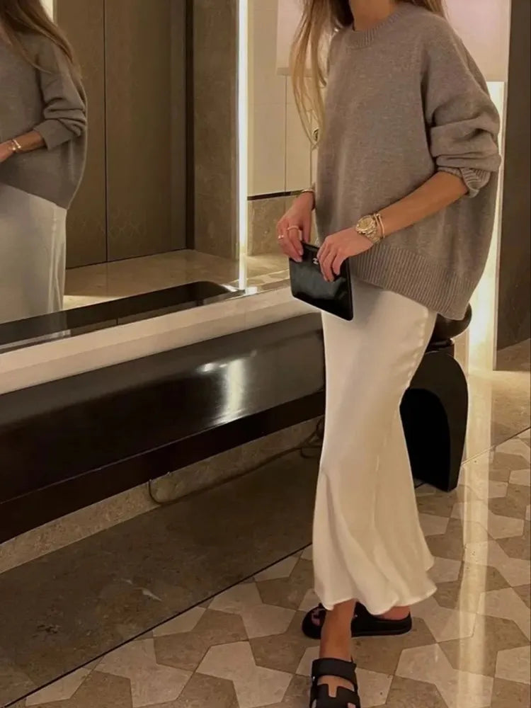 Falda Midi Satén Mujer Cintura Alta Elegante Oficina