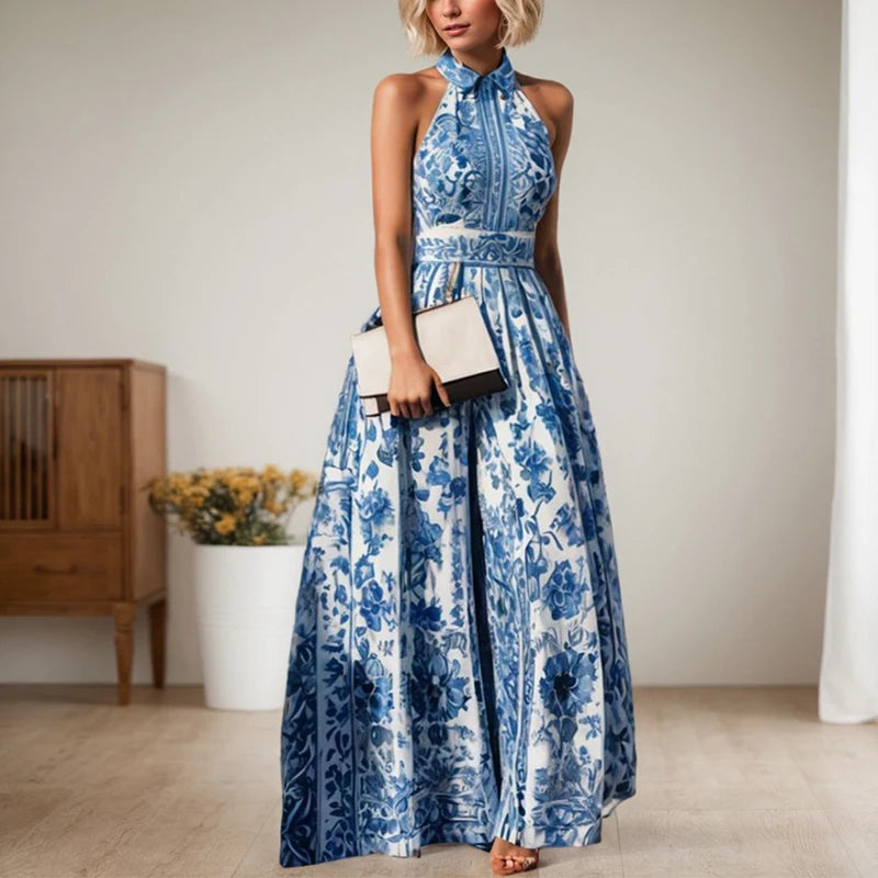 Vestido Largo Azul Floral Geométrico Sin Mangas Elegante Fiesta