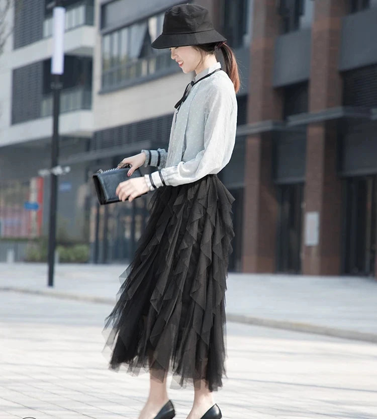 Tutu Tulle Long Maxi Skirt Women Fashion Korean Cute Pink High Waist Pleated Skirt Mesh Female Lady Aesthetic Faldas