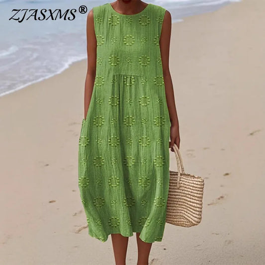 Round Neck Tank Dress - Pleated Long Casual