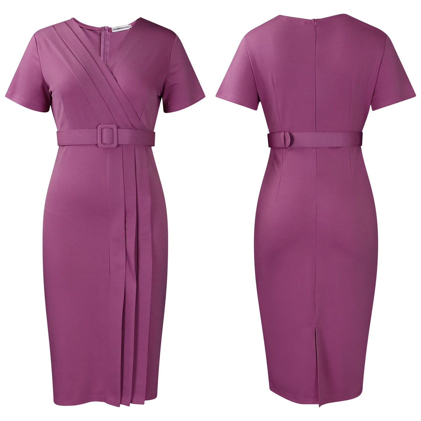Office Dress - V Neck Belt Pleated Midi