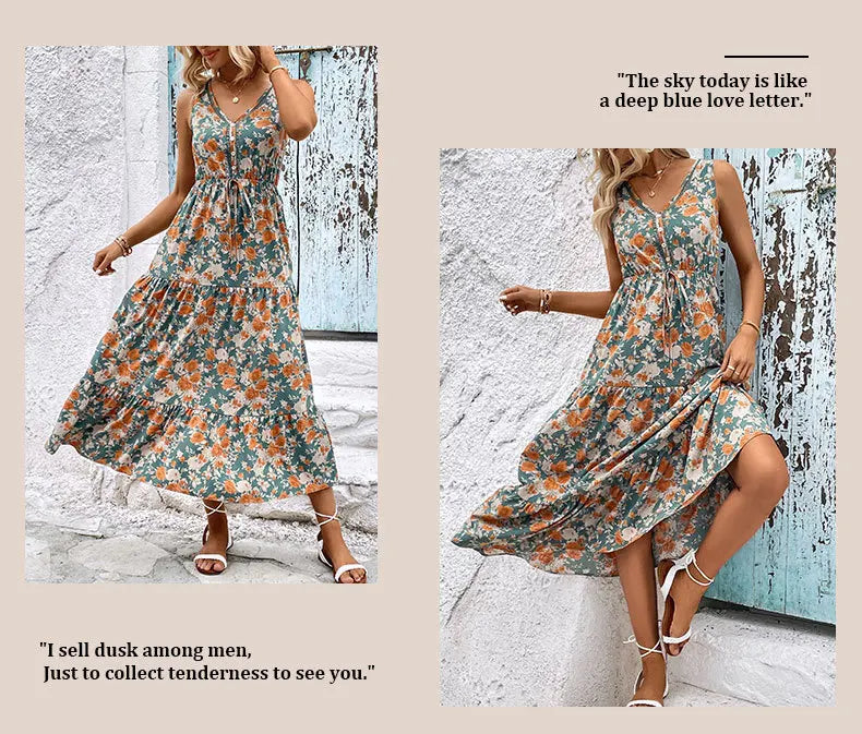 Vestido Largo Casual Floral Escote V Sin Mangas Mujer