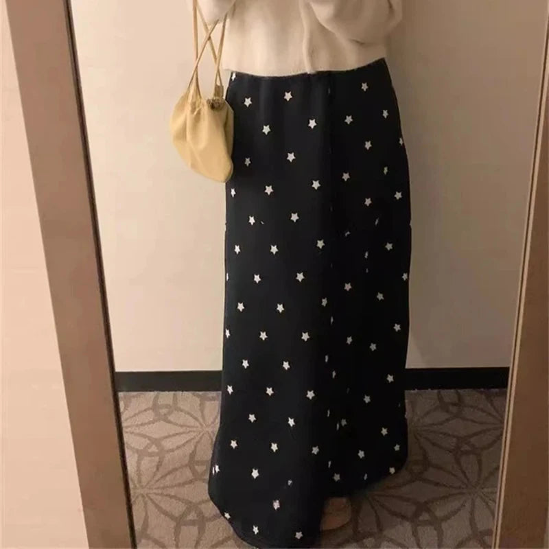 Star Print Long Skirt - Elastic Waist Bandage