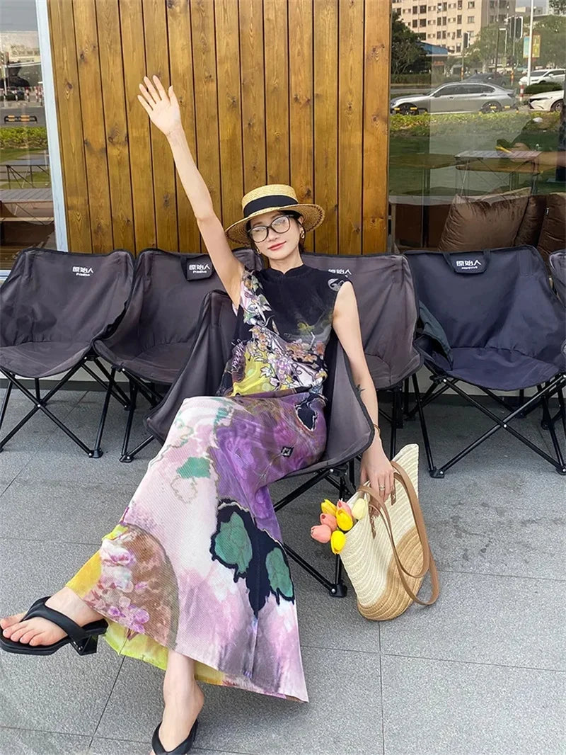 Vestido Plisado Estilo Chino Cheongsam Cola de Pez Verano