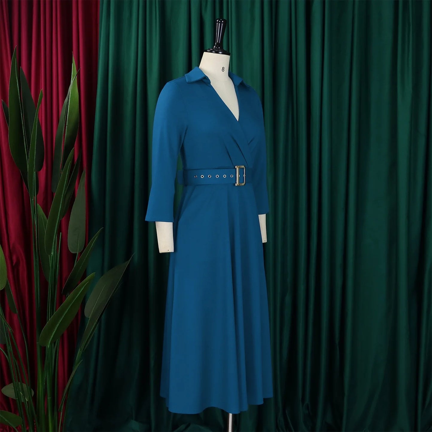 Office Dress - Turn Down Collar Belt Pleated African