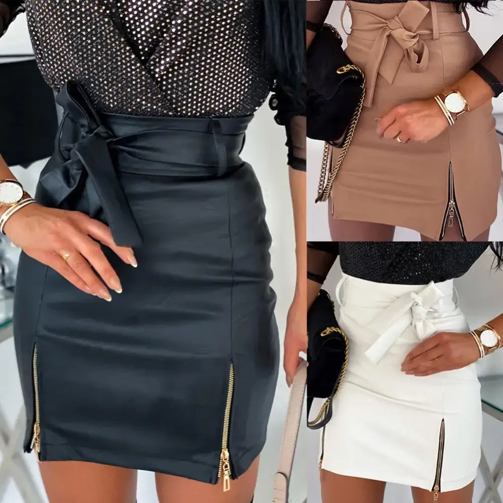 PU Leather Pencil Mini Skirt - High Waist Split Zipper