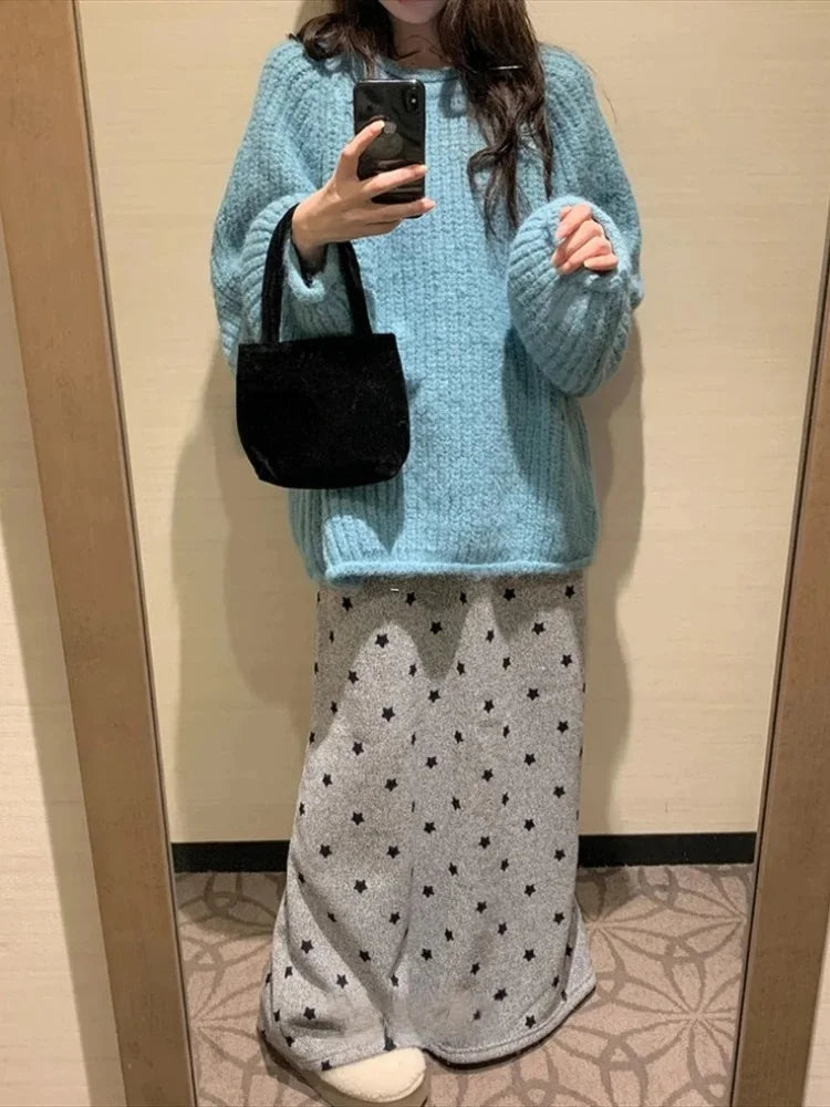 Star Print Long Skirt - Elastic Waist Bandage