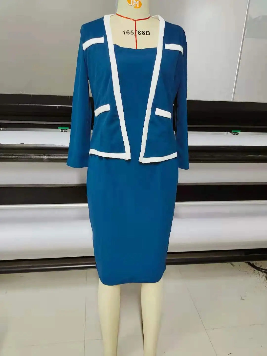 Pencil Dress - Square Collar Three Quarter Sleeve