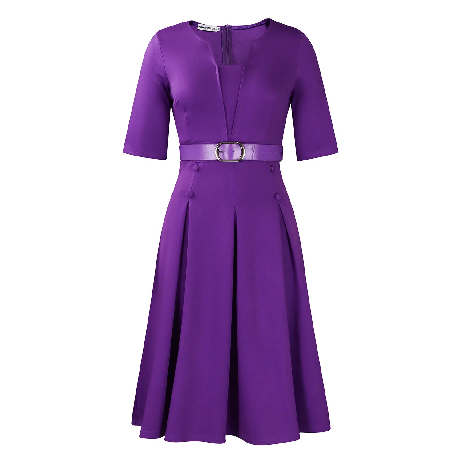 Vestido de Oficina Plisado Escote V Cintura Alta Cinturón Elegante