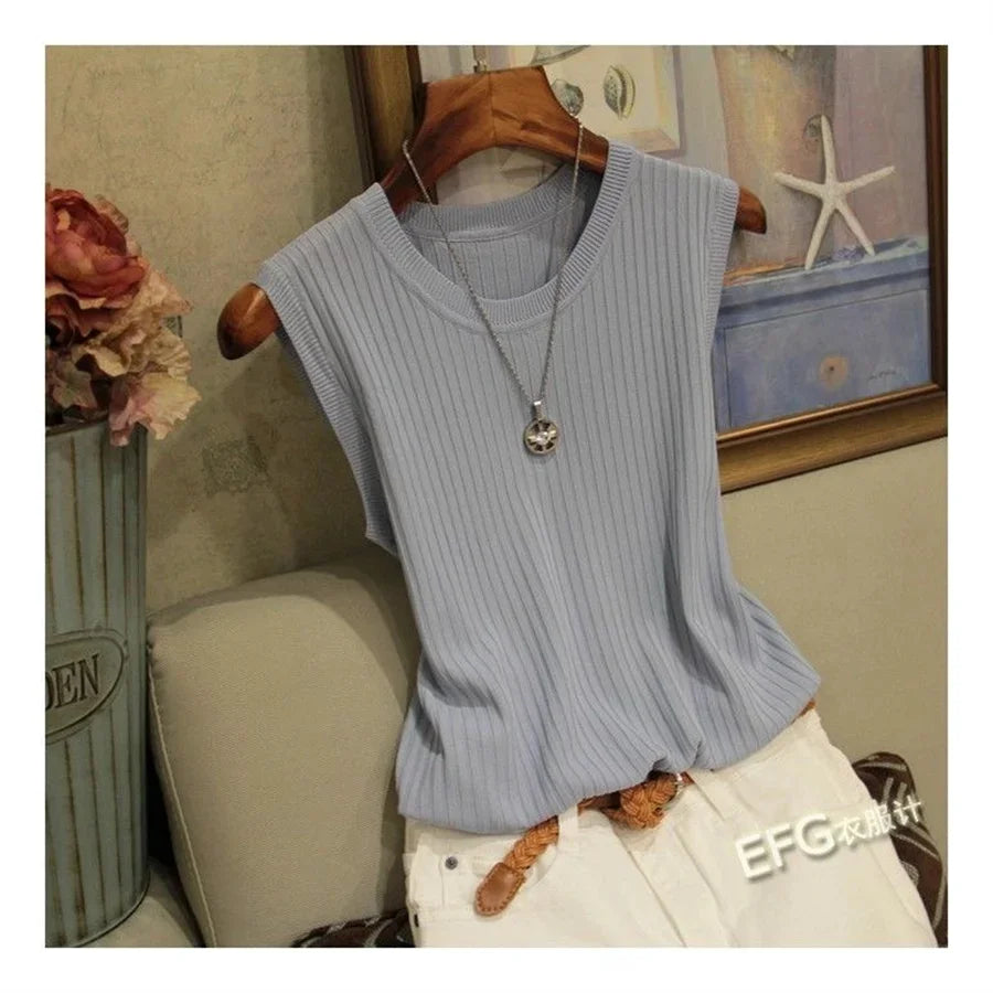 Blusa Sin Mangas Cuello Redondo Tejido Alta Elasticidad