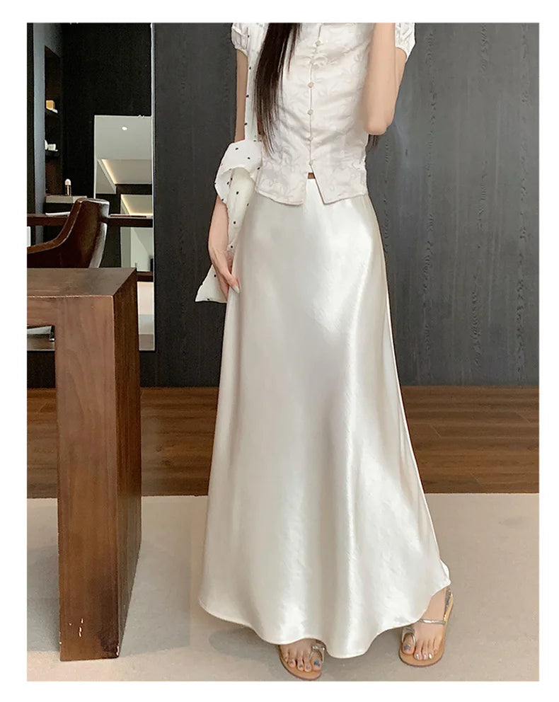 Pink Satin Midi Skirt - High Waist Fishtail Wrap