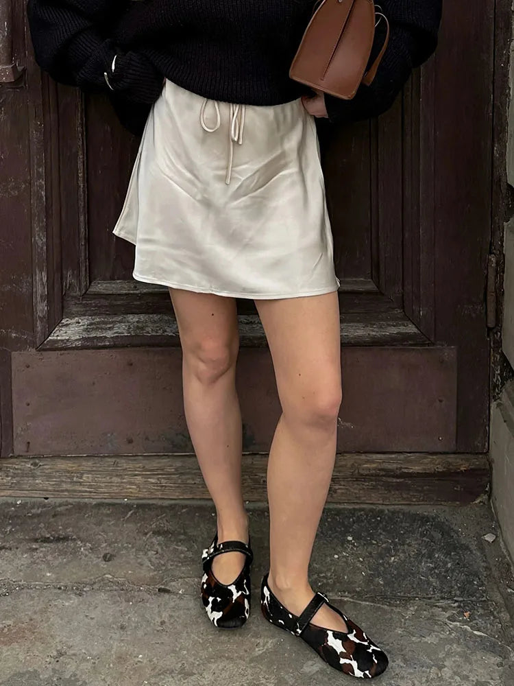 Satin Mini Skirt - Drawstring High Waist A-Line