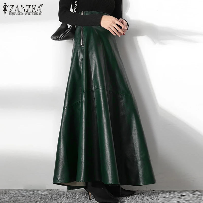 PU Leather Maxi Skirt - High Waist Zipper Style B