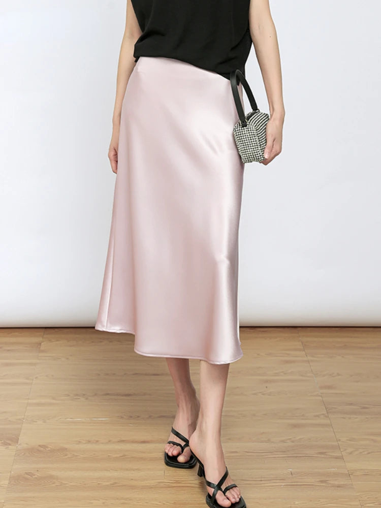 Satin Long Skirt - High Waist A-Line Black