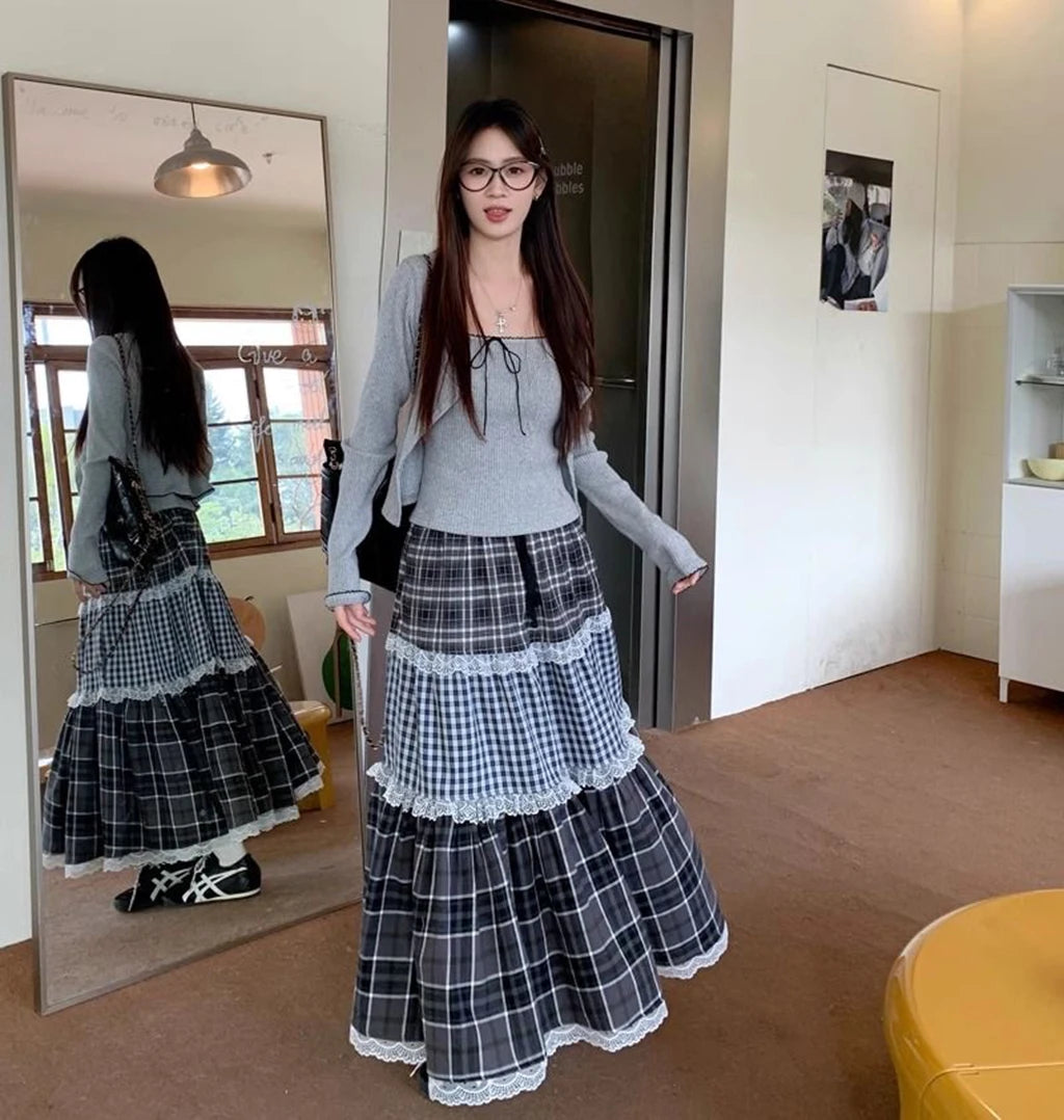 Patchwork Lace Long Skirt - High Waist Plaid Vintage