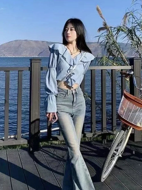 Blusa Coreana Crop Top Volantes Manga Larga Cuello V