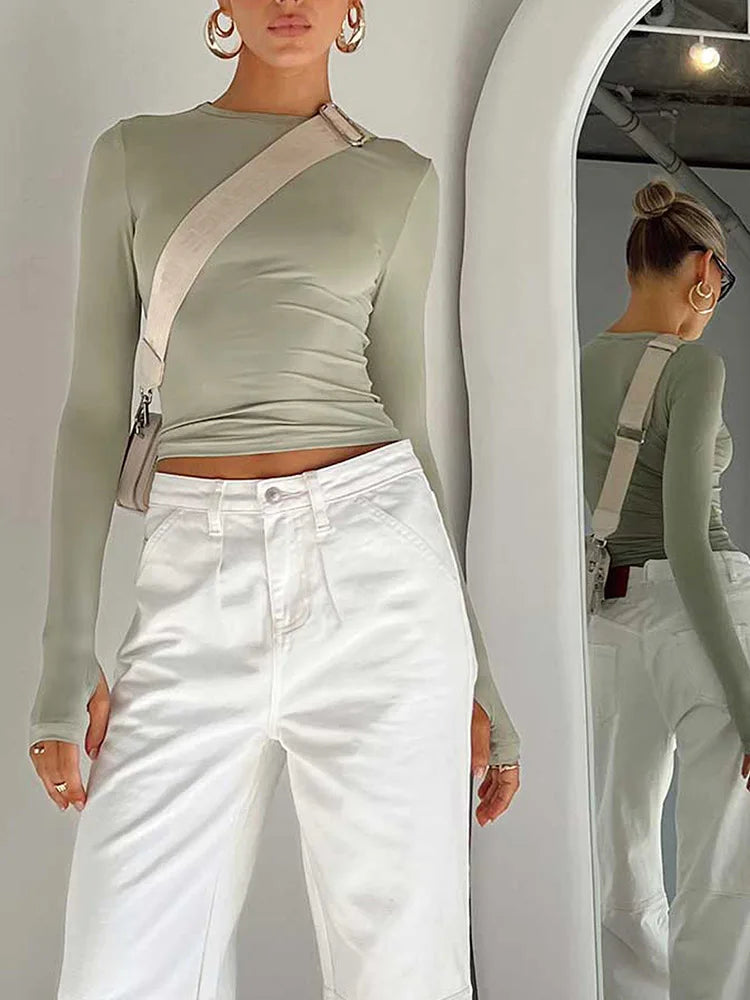 Crop Top Manga Larga Sólido - Cuello Redondo Agujeros Pulgar