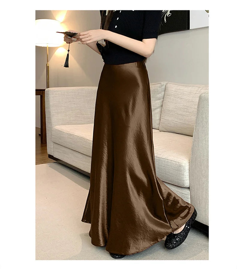 Pink Satin Midi Skirt - High Waist Fishtail Wrap