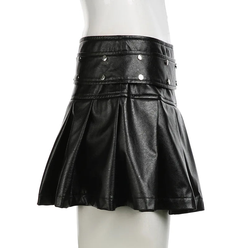 2025 New Vintage Dark Punk Rivet Faux Pu Leather Pleated Skirts Y2K Grunge Streetwear Women Gothic Dropped A-Line Mini Skirt Zip