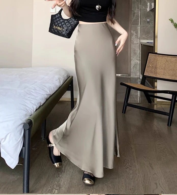 Satin Midi Skirt - High Waist Silk Champagne