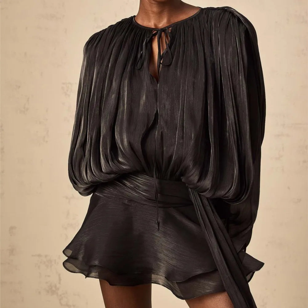 Vestido Corto Encaje Manga Puff Cuello V Holgado