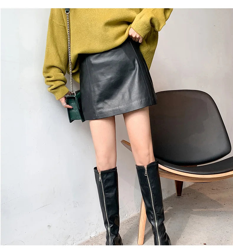 Sheepskin Leather Mini Skirt - High Waist Y2k