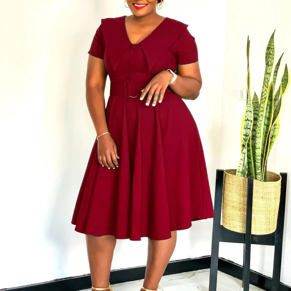 Office Dress - Turn Down Collar Pleated Midi