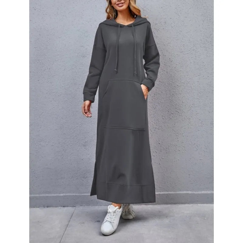 Vestido Sudadera Capucha Suelto Cordón Dobladillo Bolsillos Cálido