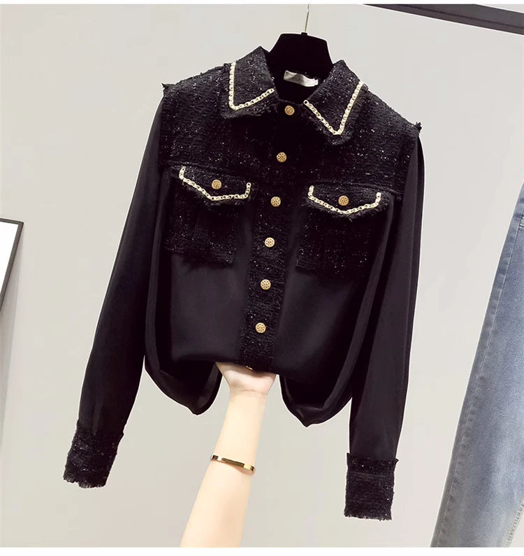 Blusa Tejido Texturado Tweed Patchwork Cuello Vuelto Manga Larga