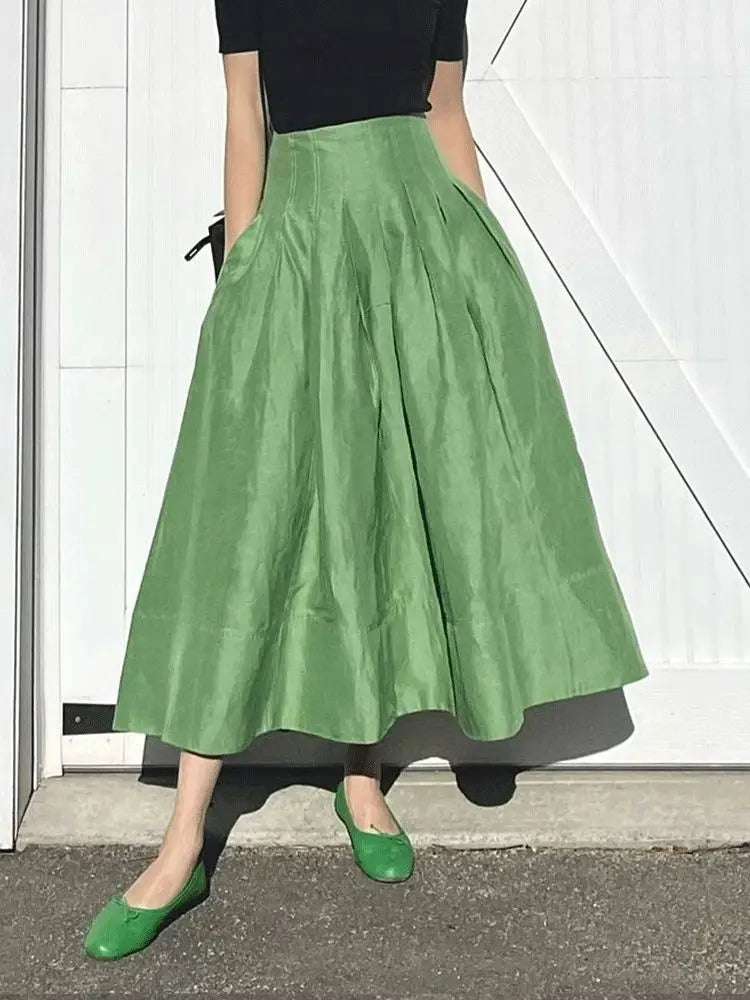 Pleated Long Skirt - High Waist Umbrella Green