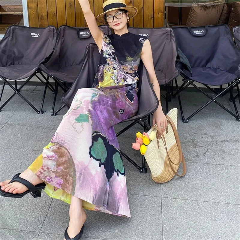 Vestido Plisado Estilo Chino Cheongsam Cola de Pez Verano