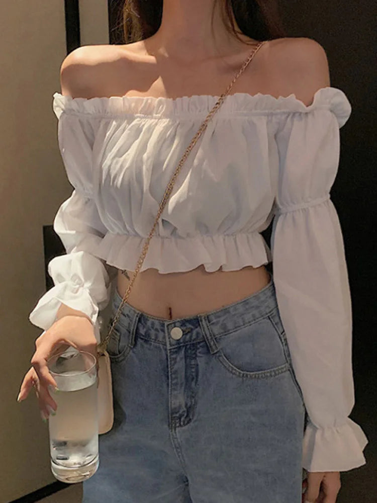 Blusa Crop Top Hombro Descubierto Manga Puff Volantes