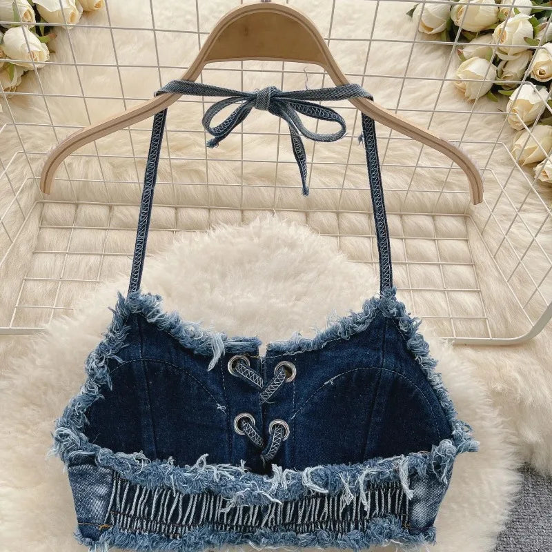 OIINAA Bathing Suit Women Sexy Denim Suits Bikini Set Lace Up Drawstring Beachwear 2025 Solid Summer Vintage Two-pieces Swimwear