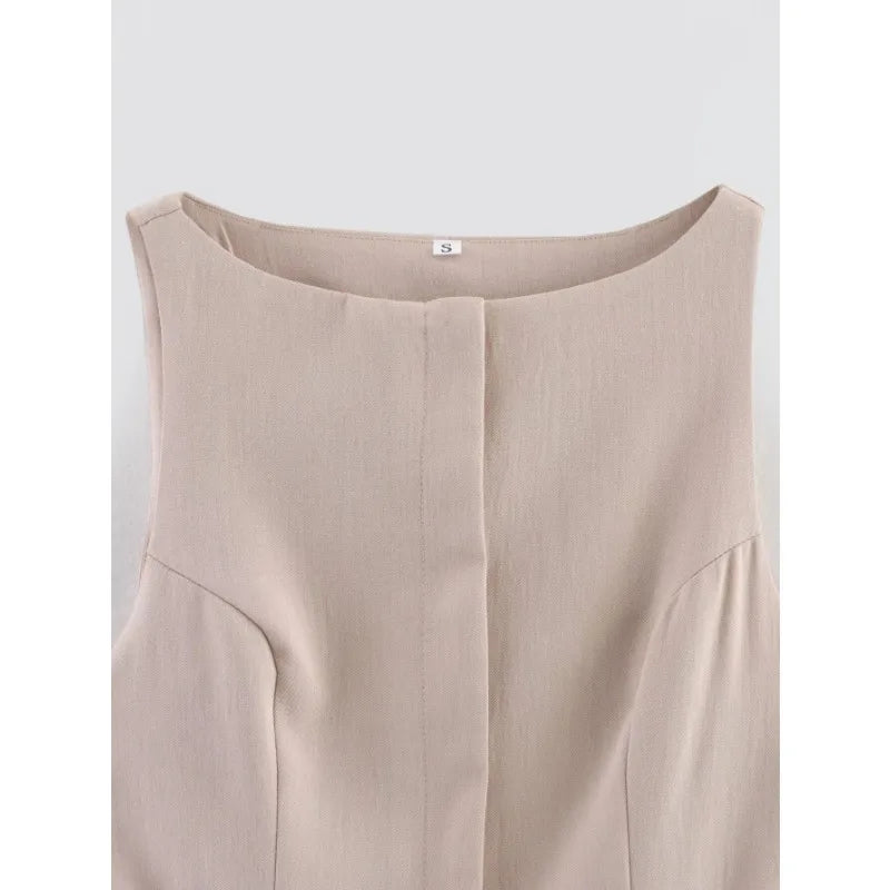 Midi Dress - Beige Contrast Sleeveless Belt 2025
