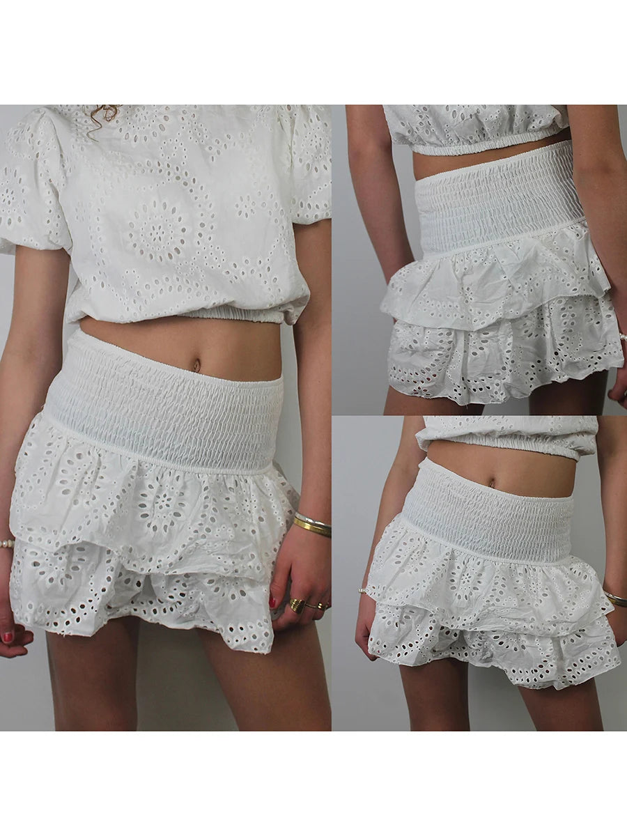 Shirred Mini Skirt - Layered Ruffle High Waist