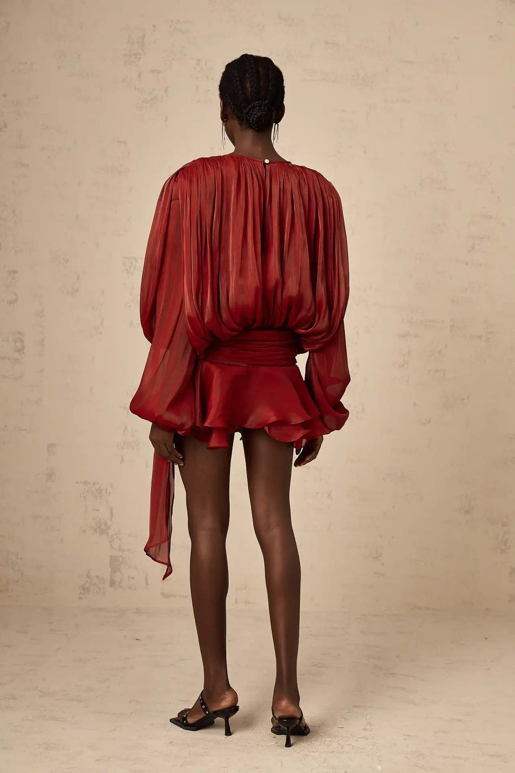 Vestido Corto Encaje Manga Puff Cuello V Holgado