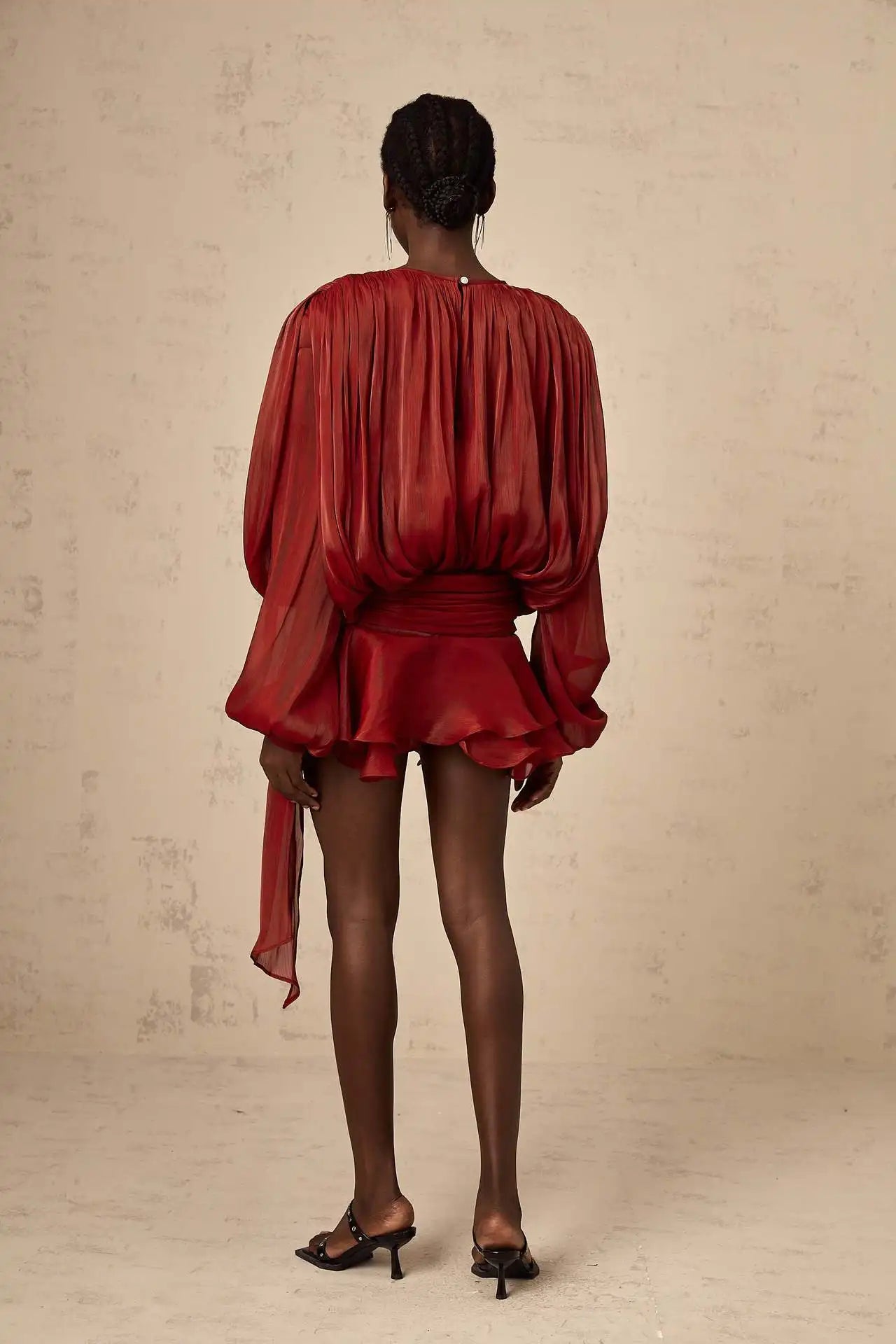 Vestido Corto Encaje Manga Puff Cuello V Holgado