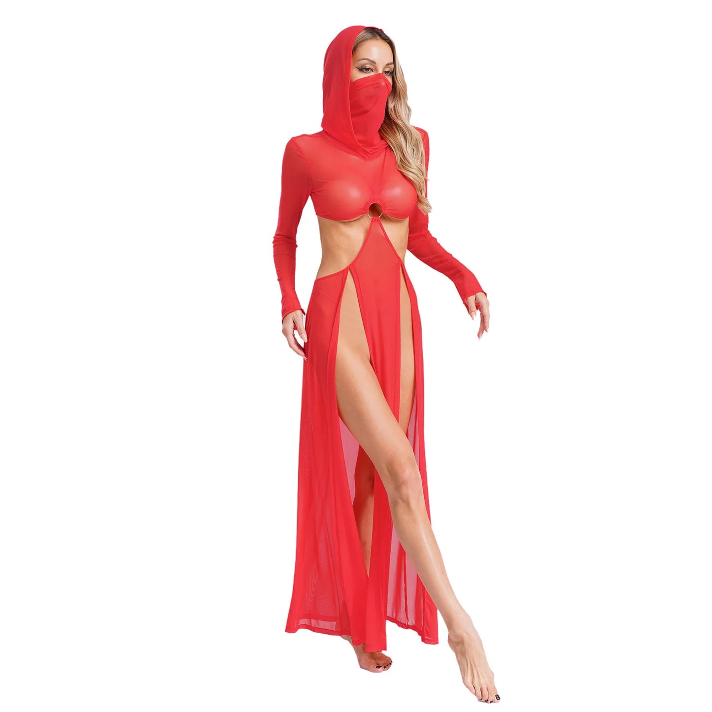 Sheer Maxi Dress - Hooded Face Mask High Slit