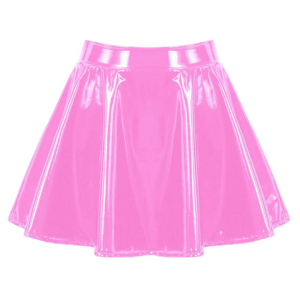 Women's Sexy Glossy Patent Leather Flared Miniskirt Dance-Performance Hot Pleated Skirt A-Line Skirt Clubwear Cosplay Costume