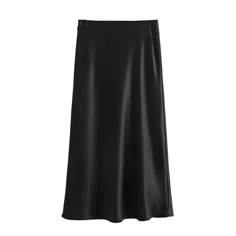 Falda Midi Satén Mujer Cintura Alta Elegante Oficina