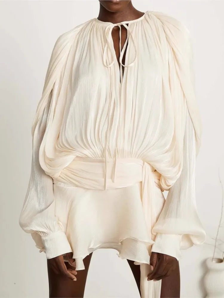 Vestido Corto Encaje Manga Puff Cuello V Holgado