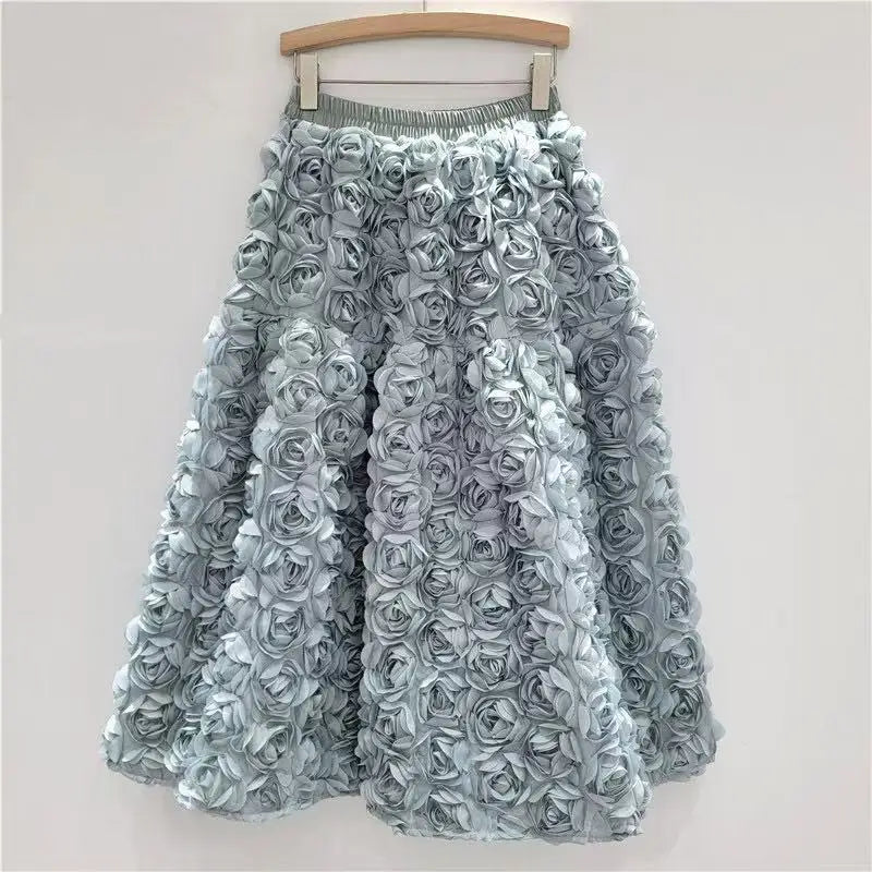 Falda Midi Flores 3D Mujer Cintura Alta Gran Vuelo