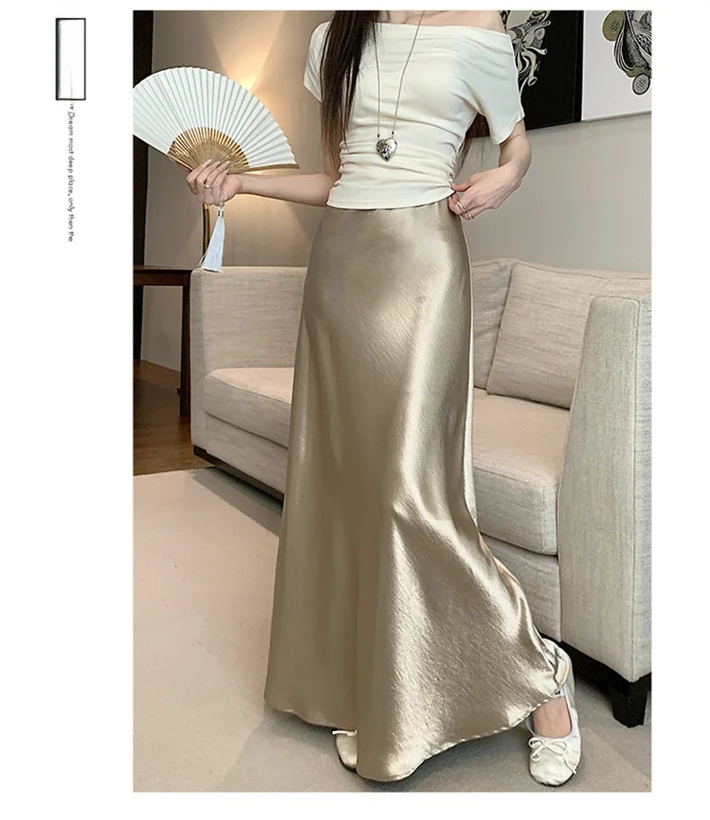 Pink Satin Midi Skirt - High Waist Fishtail Wrap