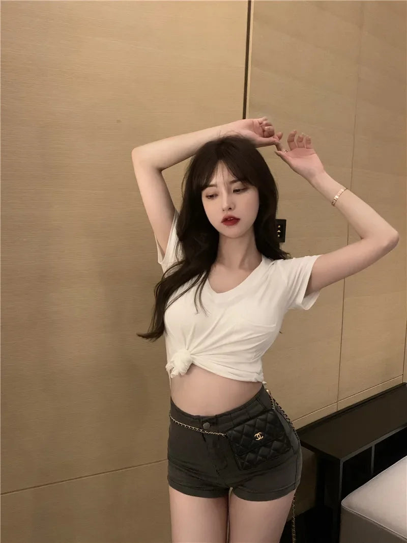 V-Neck T-Shirt - Irregular Hem Short Sleeve